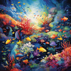 Leinwandbilder - An abstract depiction of a vibrant coral reef teeming with colorful fish, conveying the diversity and fragility of marine ecosystems. Generative AI technology.