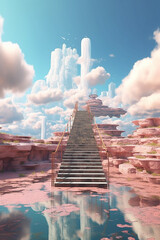 Poster - A surreal landscape with a giant floating staircase leading to the sky, inviting viewers to embark on a journey of imagination and exploration. Generative AI technology.