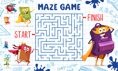 Wall Mural - Kids labyrinth maze cartoon stationery superhero characters. Vector board game worksheet with notebook, textbook, rucksack and apple. Sharpener, eraser and scissors educational boardgame personages