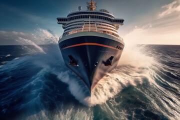 a dynamic image of the bow of a cruise ship cutting through waves, capturing the power and motion of