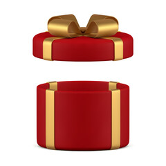 Wall Mural - Open red gift box golden bow ribbon festive present surprise 3d icon realistic vector illustration