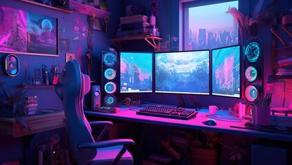 Wall Mural - Computer gaming computer on a game table in a dark room, AI..