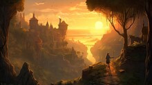 Majestic Historical Architecture Of Elven City Illuminated At Golden Hour: Medieval Digital Artwork Of Ancient Arbours, Vibrant Nature And Main Character Of Fantasy Landscape: Generative AI