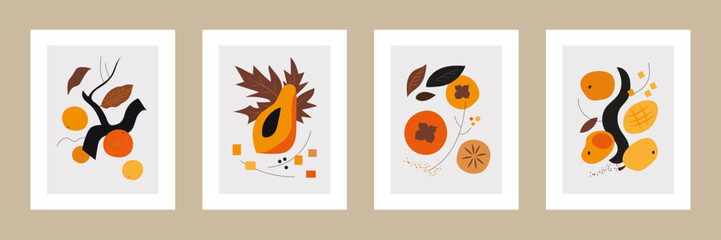 Four framed abstract colorful beige orange cosy tropical fruits vector poster set 