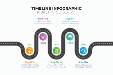 Road map business timeline with 5 options, parts, steps or processes. Circular corporate timeline infographic elements. Modern vector info graphic design.