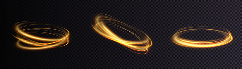 Fototapete - Dynamic gold lines with glow effect. Rotating shiny rings. Abstract sparkling swirl, wave of light.