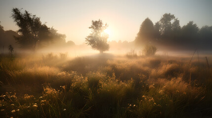 Wall Mural - A peaceful meadow at sunrise, with a blanket of mist hugging the ground, while the first rays of light illuminate the dew-covered grass and create a magical and ethereal atmosphere. Generative AI