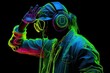 Stylish fashion teenager wearing headphones listening dj music in neon lights. Generative ai.