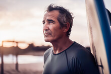 Generative AI Image Of Side View Of Middle Aged Male Surfer Standing Next To Surfboard And Looking Away During Sunset Time Against Blurred Background