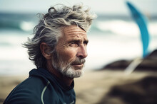 Generative AI Image Of Side View Of Senior Male With Gray Hair Looking Away While Standing On Sandy Beach With Waving Seawater In Sunny Daytime Against Blurred Background