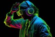 Stylish fashion teenager wearing headphones listening dj music in neon lights. Generative ai.