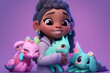 © ADDICTIVE STOCK - Generative AI illustration of positive African American girl with long dark braid in warm clothes smiling and embracing fairy cute little dinosaurs against purple background