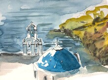 Illustration à L'aquarelle De L'église Célèbre Aux Trois Clochers Et Au Toit Bleu à Santorin En Grèce Dans Les Cyclades