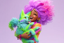 Generative AI Illustration Of Cheerful Woman With Purple Hair And Closed Eyes Holding Cute Colorful Dog While Standing On Violet Background