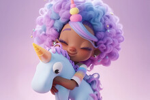 Generative AI Illustration Of Colorful Cartoon African American Girl Character Hugging Unicorn Toy In Pastel Colors Against Violet And Purple Background