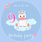Fototapeta Dinusie - Card invitation for birthday party with cute unicorn rainbow, stars, flower, cloud for 9 year babe