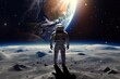 Astronaut standing firm, facing away from the camera in space suit and backpack, gazing in awe at a distant planet earth, beautiful art of generative ai