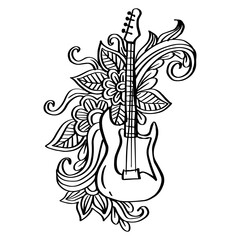 Wall Mural - Doodle drawing guitar illustration with floral ornament.