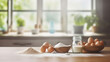 © Lifia - Baking ingredients on wooden table over defocused kitchen window background. Generative AI