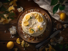 Lemon Coconut Cake With Whipped Vanilla Buttercream, Seamless Background. Generative Ai