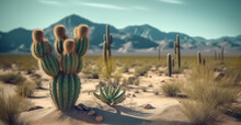 A Desert Scene With A Cactus And Mountains In The Background. Generative AI