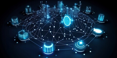 A graphical representation of a connected IoT network, with various nodes, devices, and connections. Generative AI technology.