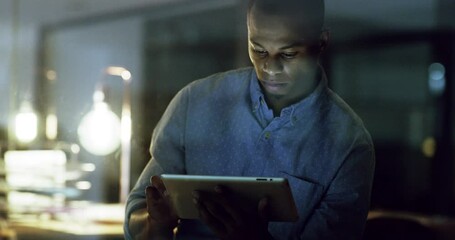 Poster - Information technology, businessman with tablet at night and in office working late. Social networking or connectivity, communication and African male worker writing an email with digital device