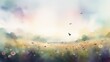  a painting of a field of flowers and birds flying in the sky. generative ai