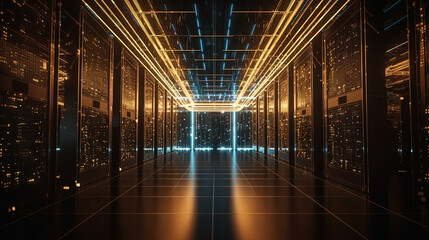 Wall Mural - Data server center background, digital hosting, golden neon lights