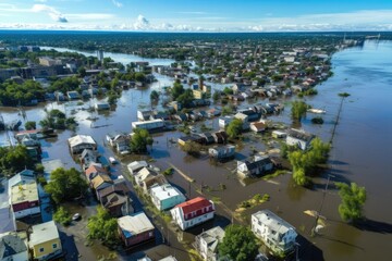 Aerial drone view  of flooded homes during flood event - AI Generated