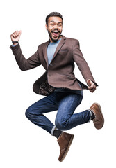 Handsome smiling young man celebrating isolated in transparent PNG, Full length studio portrait of jumping laughing joyful cheerful men over white background