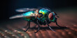 © ADDICTIVE STOCK - Generative AI illustration of closeup glossy fly of bright colors sitting on ribbed surface in selective focus