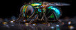 © ADDICTIVE STOCK - Vivid generative AI illustration of a brightly colored fly perched on a surface with water droplets on a dark background