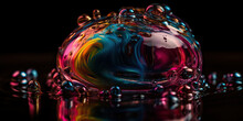 Generative AI Illustration Of Closeup Rainbow Colored Drop Of Water Covered With Small Droplets Shining On Black Background