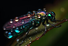 Vivid Generative AI Illustration Of Glossy Rainbow Colored Fly Covered With Water Droplets Sitting On Green Leaf Of Plant