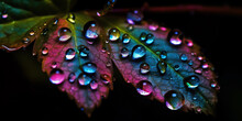 Picturesque Generated AI Illustration Of Multicolored Leaves With Glossy Dew Points On Shiny Surface Against Dark Backdrop