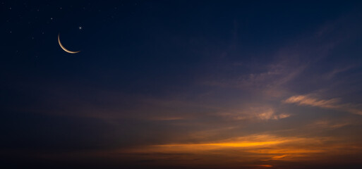 Sticker - Crescent moon on Dusk sky twilight background, Religion of Islamic and free space for text Eid Al Adha, Muharram  