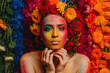 © ADDICTIVE STOCK - Generating AI illustration of a sexy young lesbian girl with a flower crown on her head and colorful face paint against a multicolored background of flowers