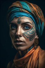 Generative AI Illustration Of Beautiful Young Berber Woman With Turban Dressed In Costume, Jewelry And Tribal Tattoos