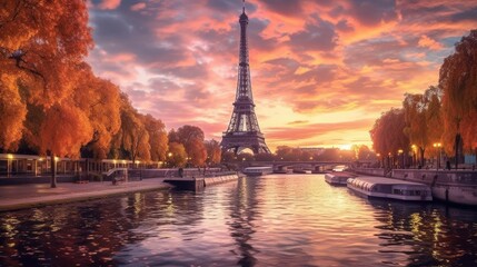 Paris Eiffel Tower and river Seine at sunset in Paris, France. Eiffel Tower is one of the most iconic landmarks of Paris., Generative AI