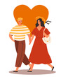 © Rudzhan - Couple with heart. Man and woman walking together and holding hands. Pair on romantic date. Design element for Valentines day greeting postcard. Cartoon flat vector illustration
