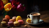 Fototapeta Tulipany -  a cup of coffee and some macaroons on a table.  generative ai