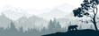 Silhouette of bear climb up hill. Tree in front, muntains and forest in background. Magical misty landscape. Illustration, horizontal banner.