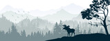 Fototapeta Fototapety na ścianę do pokoju dziecięcego - Silhouette of moose on hill. Tree in front, mountains and forest in background. Magical misty landscape. Illustration, horizontal banner.