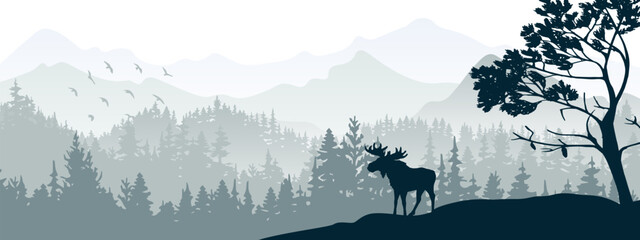 silhouette of moose on hill. tree in front, mountains and forest in background. magical misty landsc