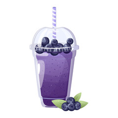 Wall Mural - Blueberry smoothie. Summer refreshing drink with blueberry in plastic cup. Healthy food. Bar menu.