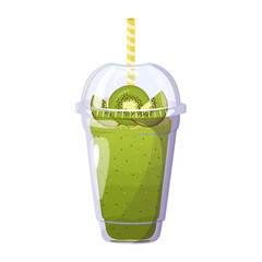 Wall Mural - Kiwi smoothie. Summer refreshing drink with kiwi in plastic cup. Healthy food. Bar menu.