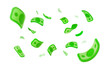 Falling dollars currency 3d cartoon illustration. Isolated cartoon US paper bills on transparent background. Winning jackpot money hurricane design elements