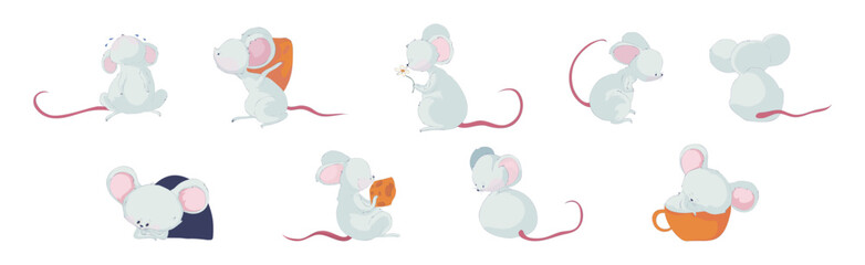 Wall Mural - Funny White Mouse Character with Long Pink Tail Vector Set