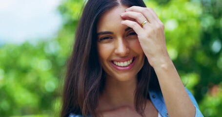 Poster - Portrait, garden and woman with smile and sunshine in the backyard for beauty, confidence and happy. Face, skin and nature with trees in outdoor for happiness to enjoy the summer at the park.